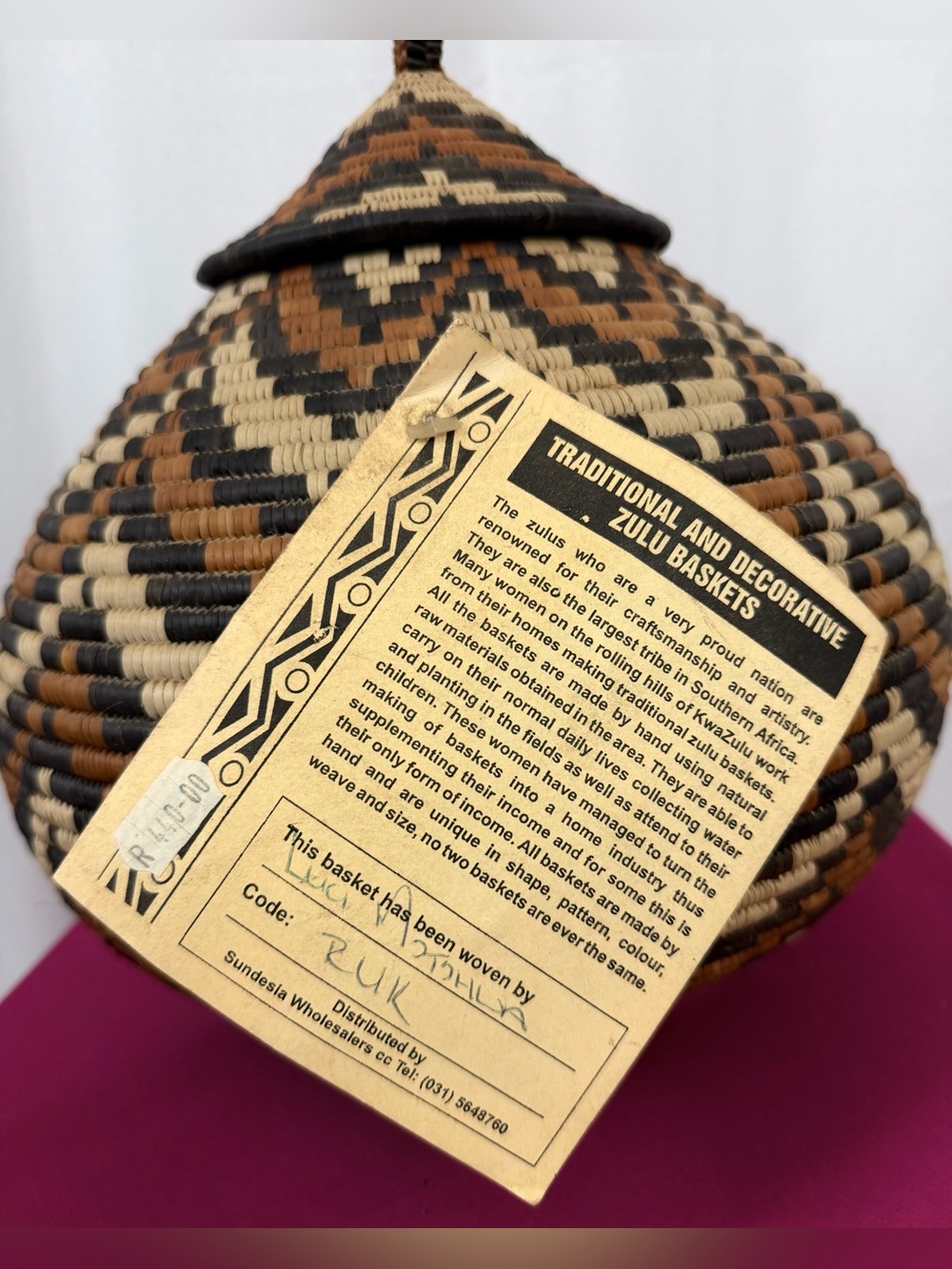 Zulu 11” Vintage Handwoven Lidded Storage Basket in Dark Brown, Caramel & Cream - Picture 4 of 9